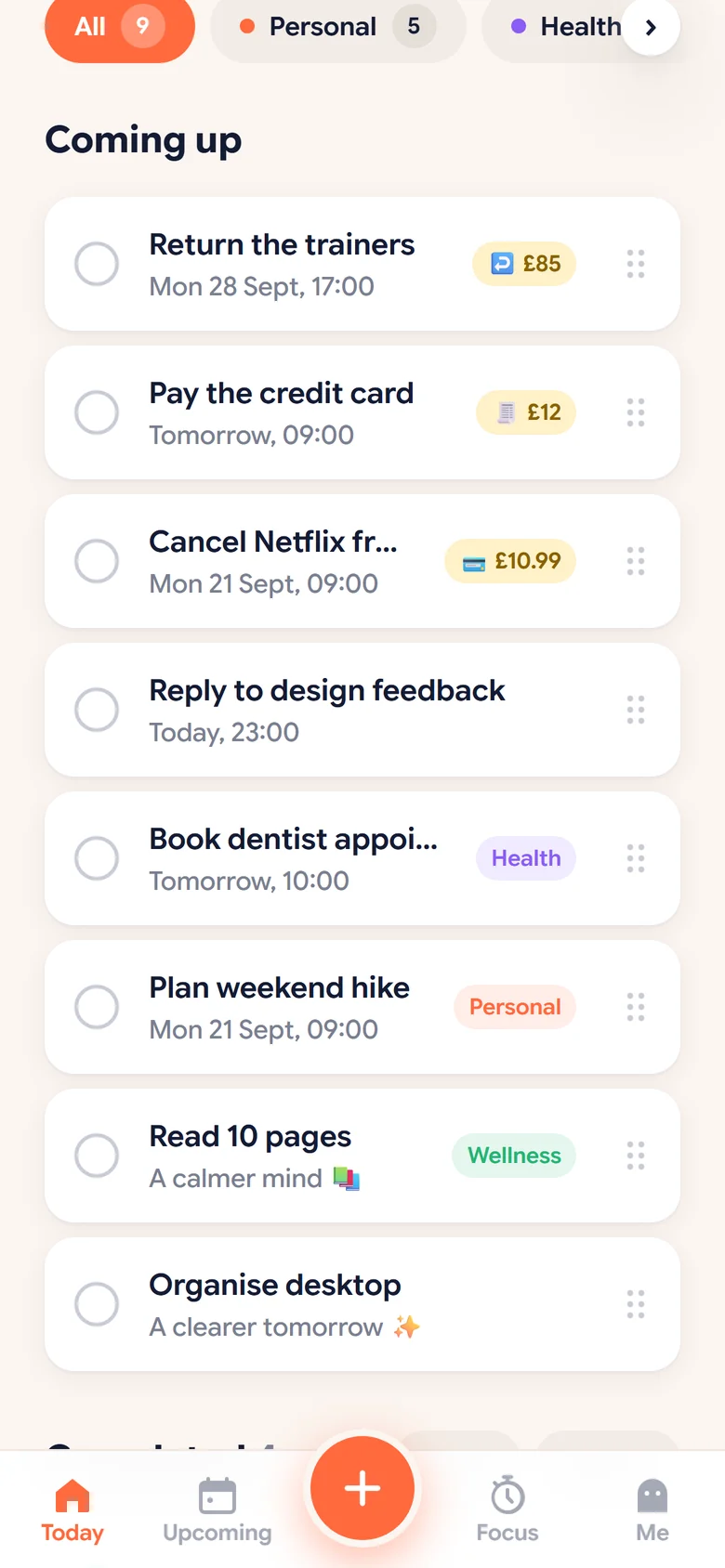 Coming up list with categories
